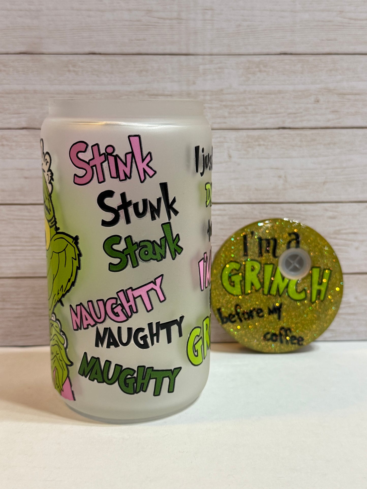DNA Grinch 12 oz Glass Cup with Custom Lid