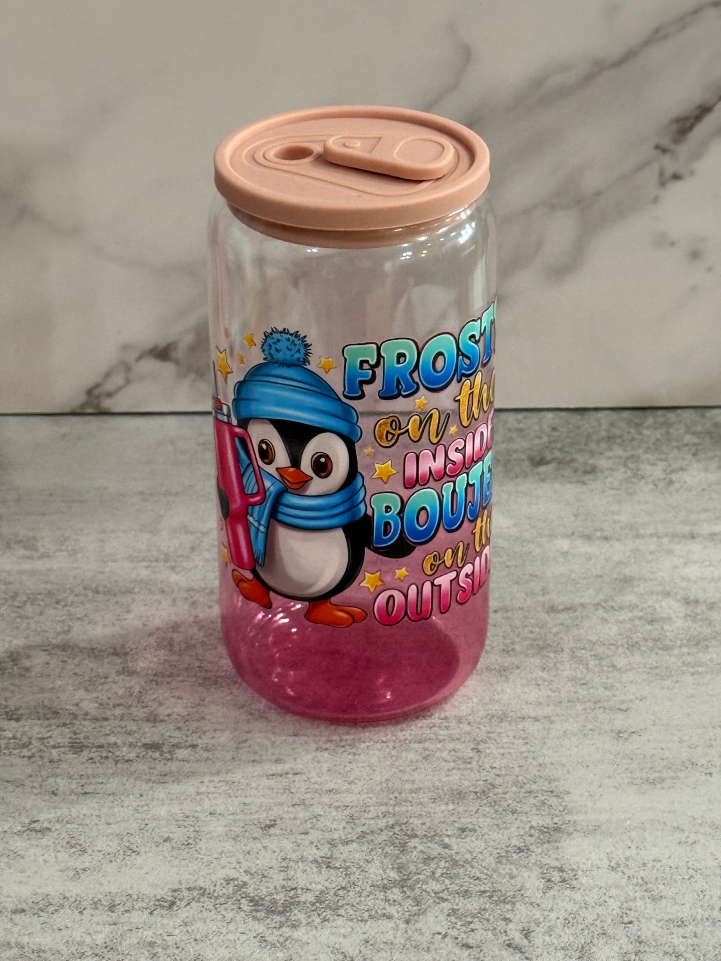 Frosty Bougee Blue Penguin 16 oz Glass Cup