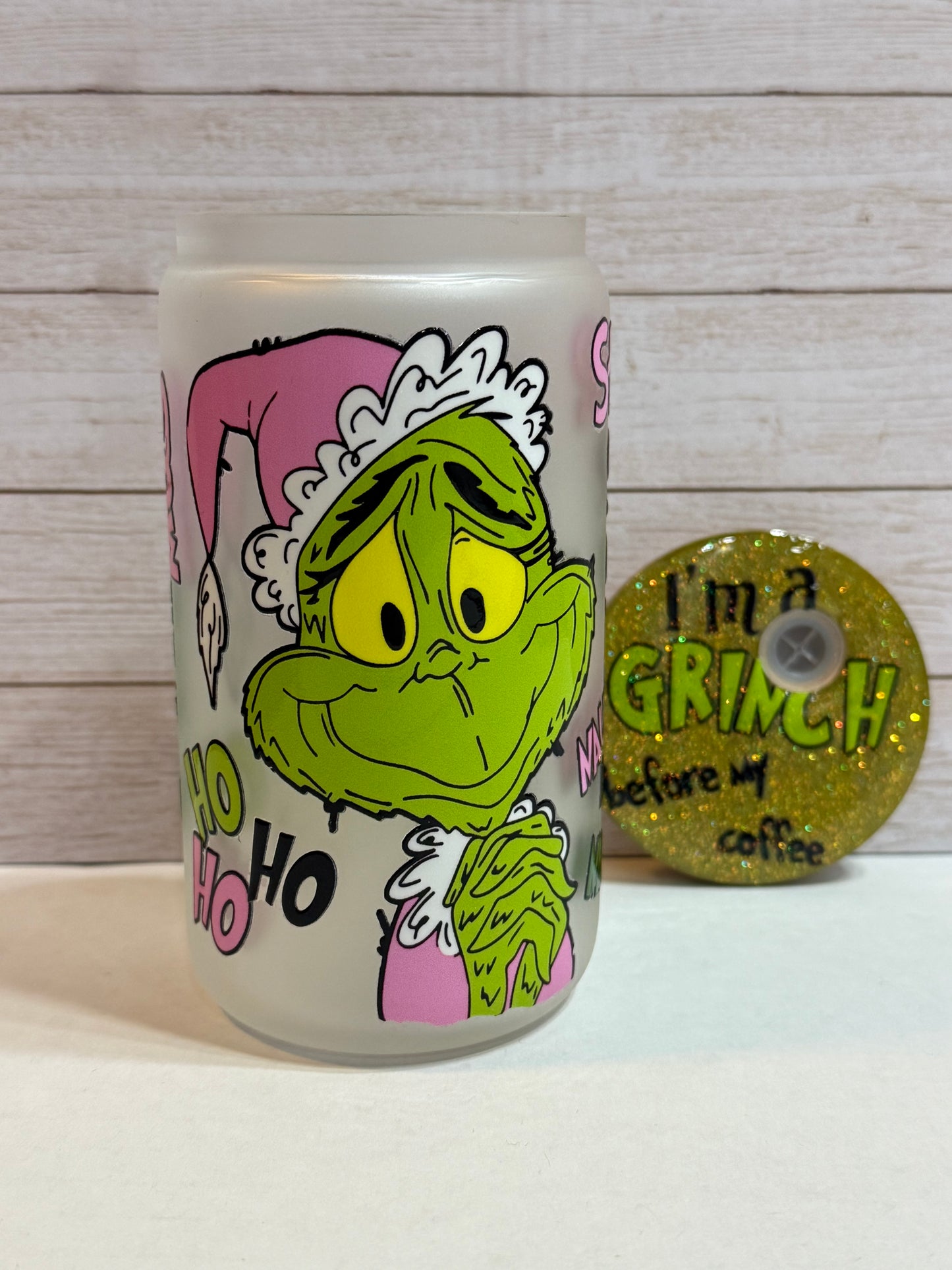 DNA Grinch 12 oz Glass Cup with Custom Lid