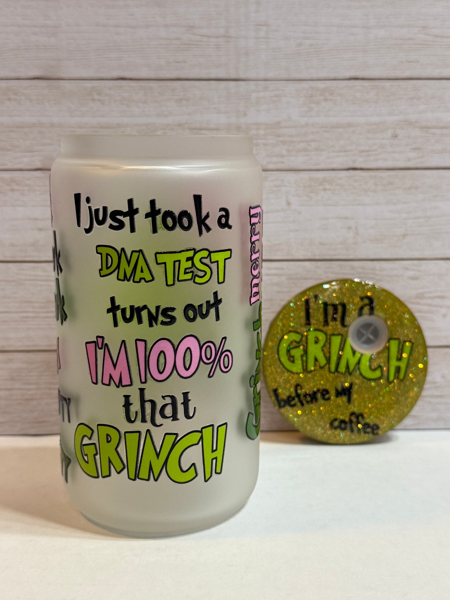 DNA Grinch 12 oz Glass Cup with Custom Lid
