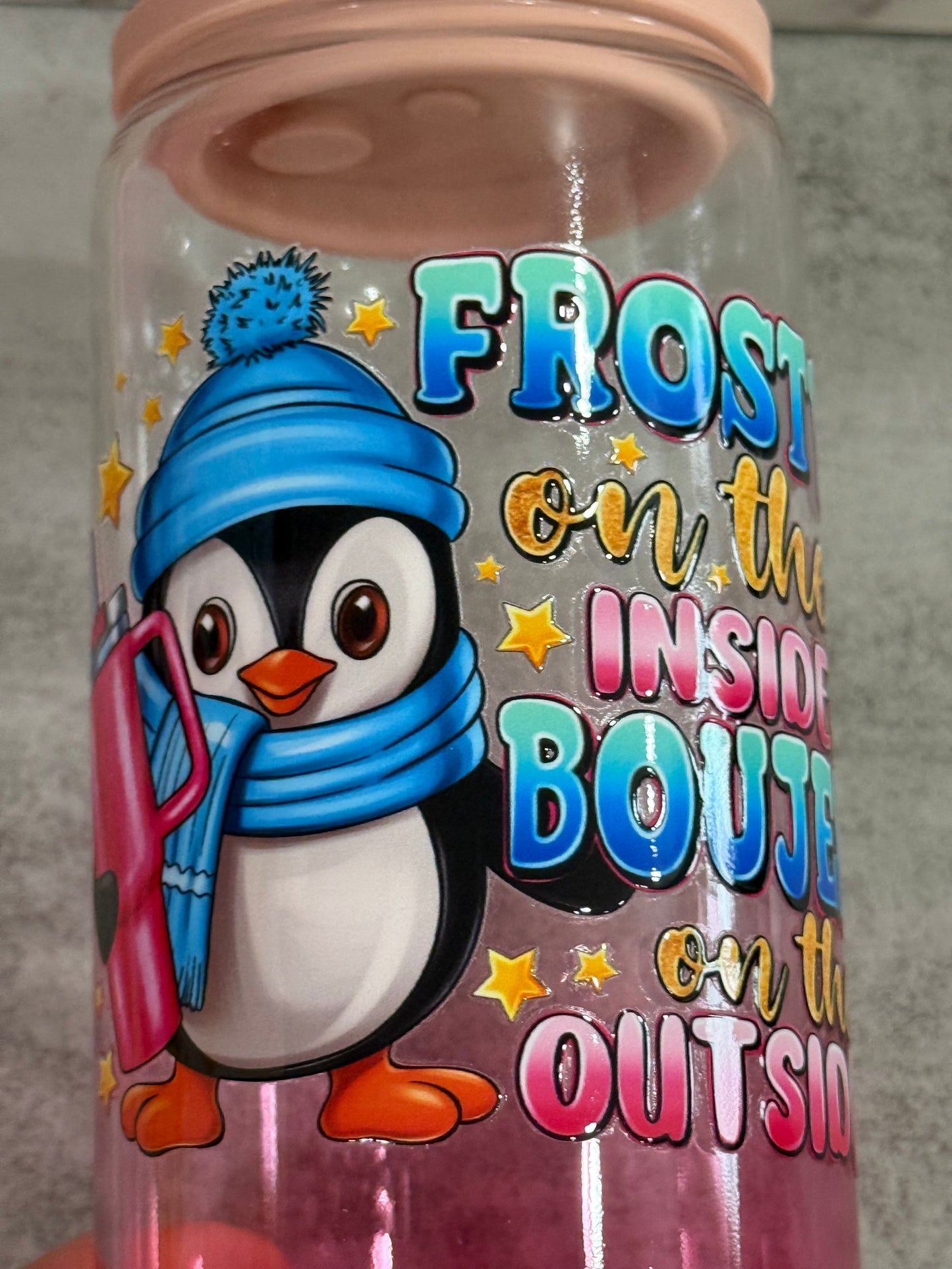 Frosty Bougee Blue Penguin 16 oz Glass Cup