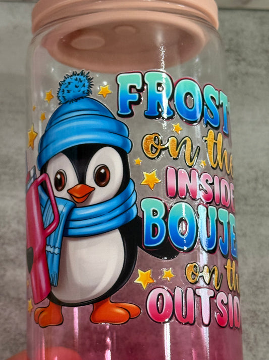 Frosty Bougee Blue Penguin 16 oz Glass Cup