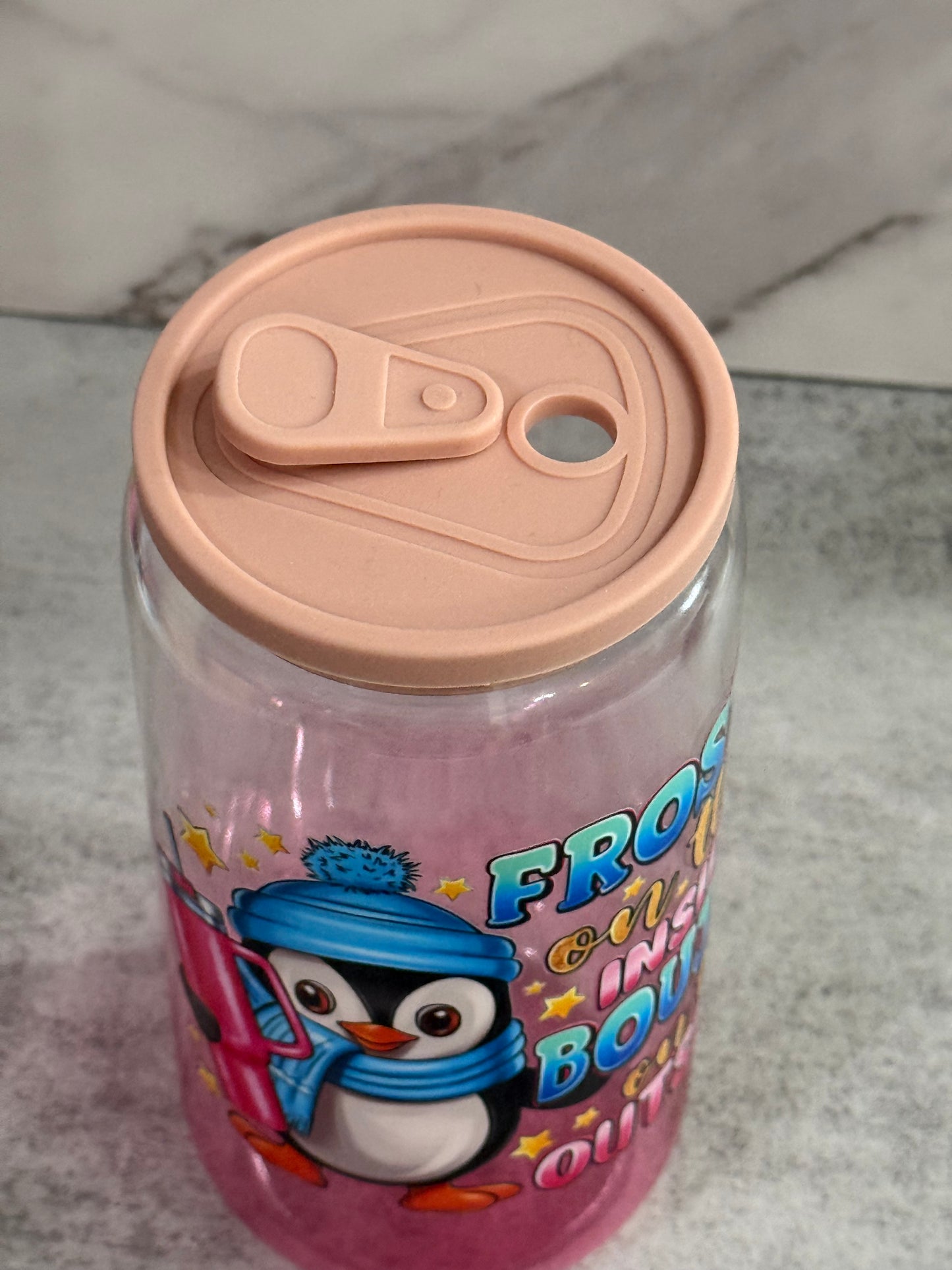 Frosty Bougee Blue Penguin 16 oz Glass Cup